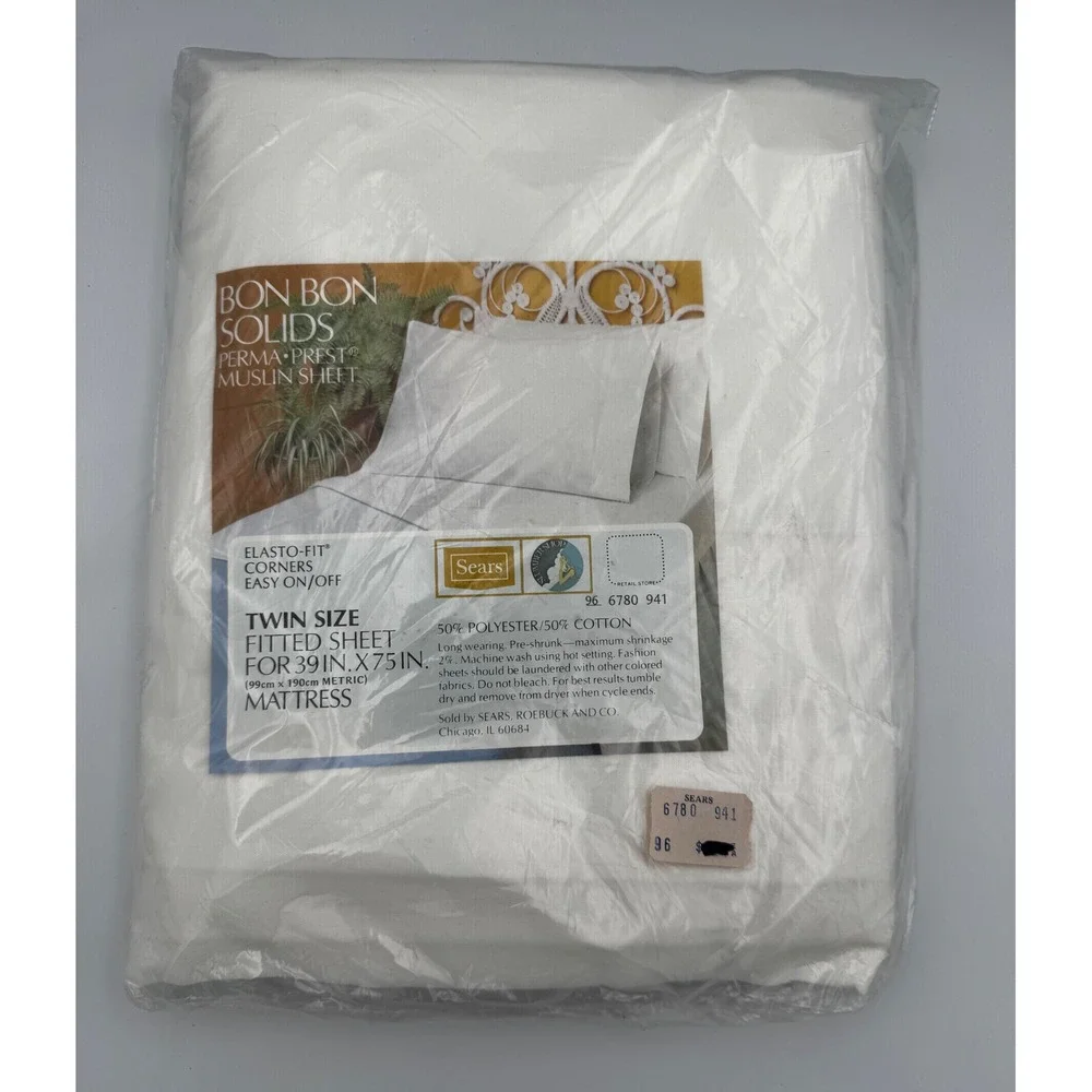 NOS Vintage Sears Twin Fitted Sheet White Muslin Perma-Prest New Sealed